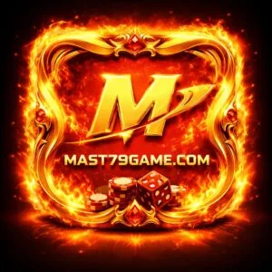 Fiery gaming logo featuring a golden “M” symbol inside an ornate flame-bordered frame with glowing red background, casino chips, dice, and the text “MAST79GAME.COM”.