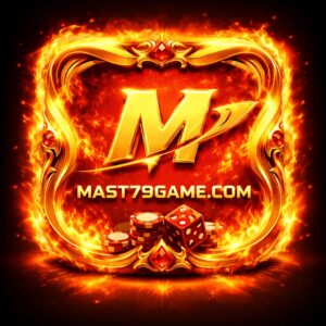 A fiery gaming-themed logo featuring a glowing golden letter “M” surrounded by flames, with casino chips and dice below, and the text “MAST779GAME.COM” in the center.